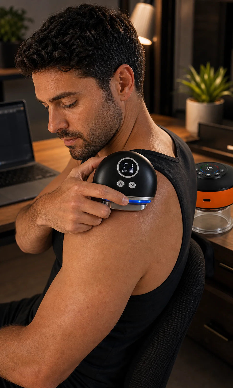 Active Reset Duo use case after desk work on bare shoulder skin