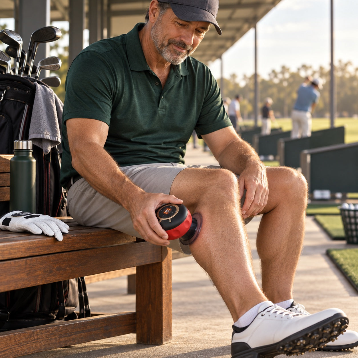 Golfer using Active Reset SmartCup on his leg after a driving-range session