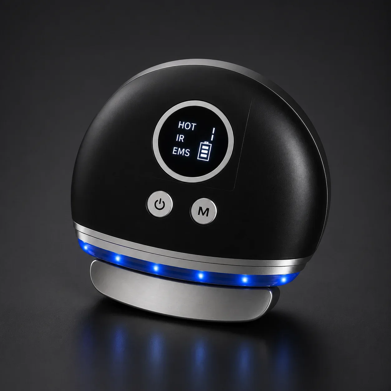 Correct Active Reset heated vibration device with rounded black body, blue light strip and stainless-steel gliding edge
