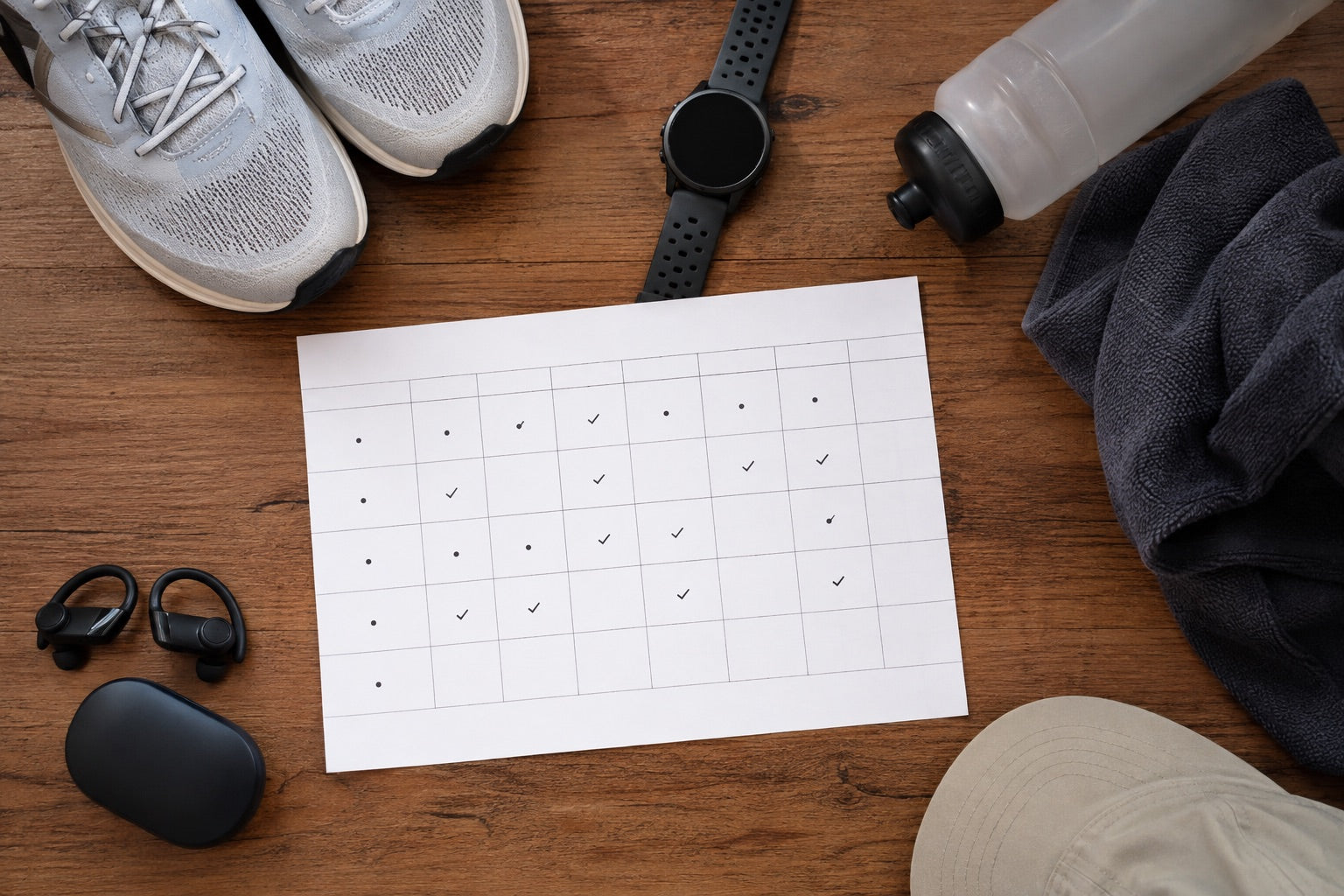 Running shoes, watch, water bottle and a simple weekly training grid