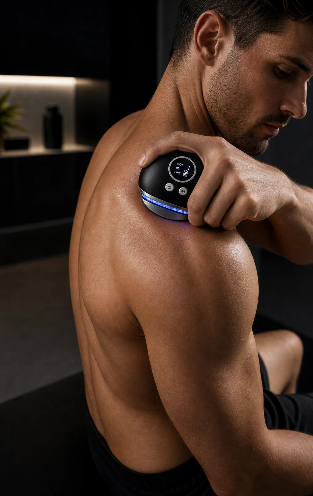 Heated vibrational sculptor applied against the upper shoulder muscle