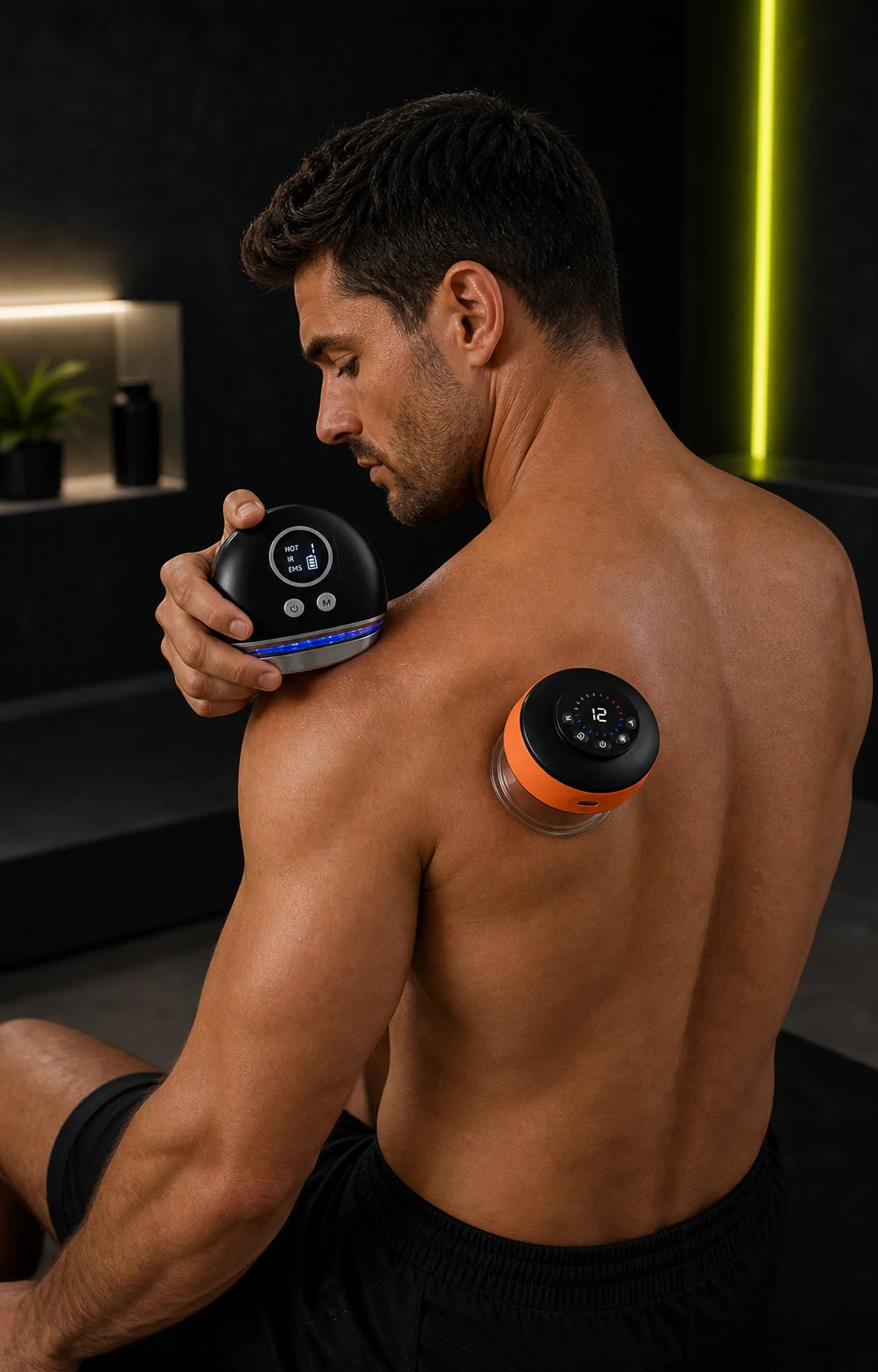 Two-step recovery routine with smart cup attached and heated device held in the left hand