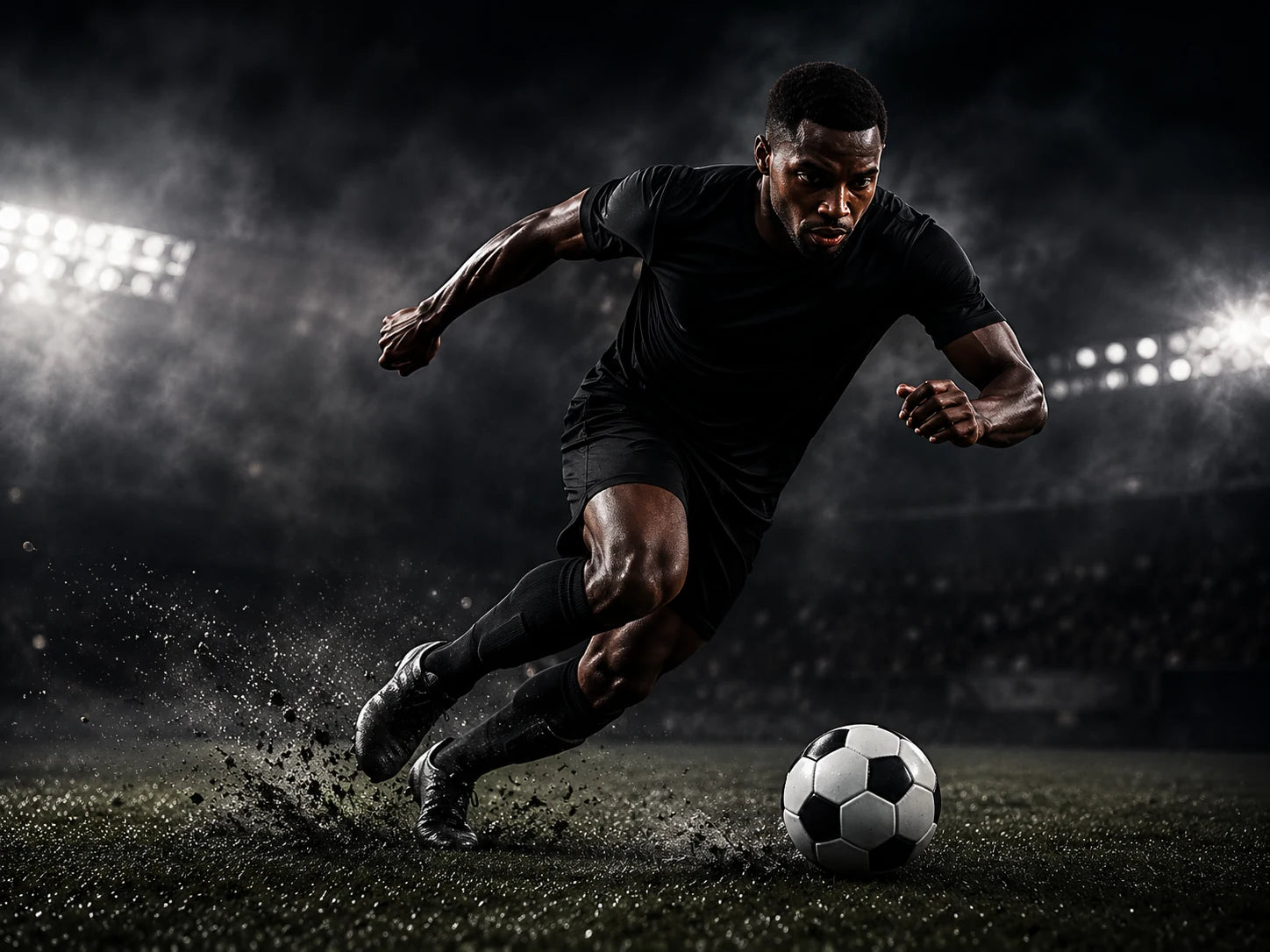 Footballer sprinting on a dark pitch