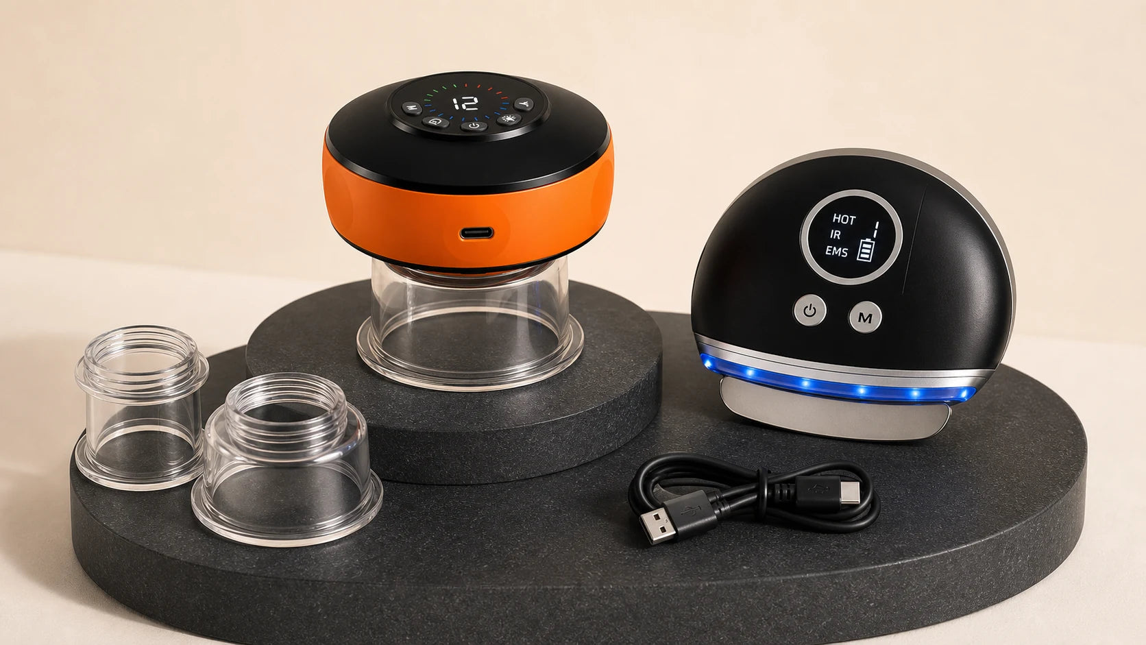 Active Reset Duo devices with three different cup attachment sizes and USB-C charging cable