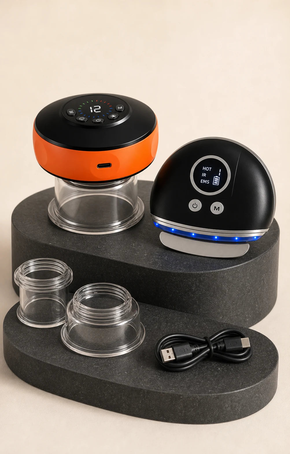 Complete Active Reset Duo bundle with both devices, three cup attachment sizes and USB-C charging cable