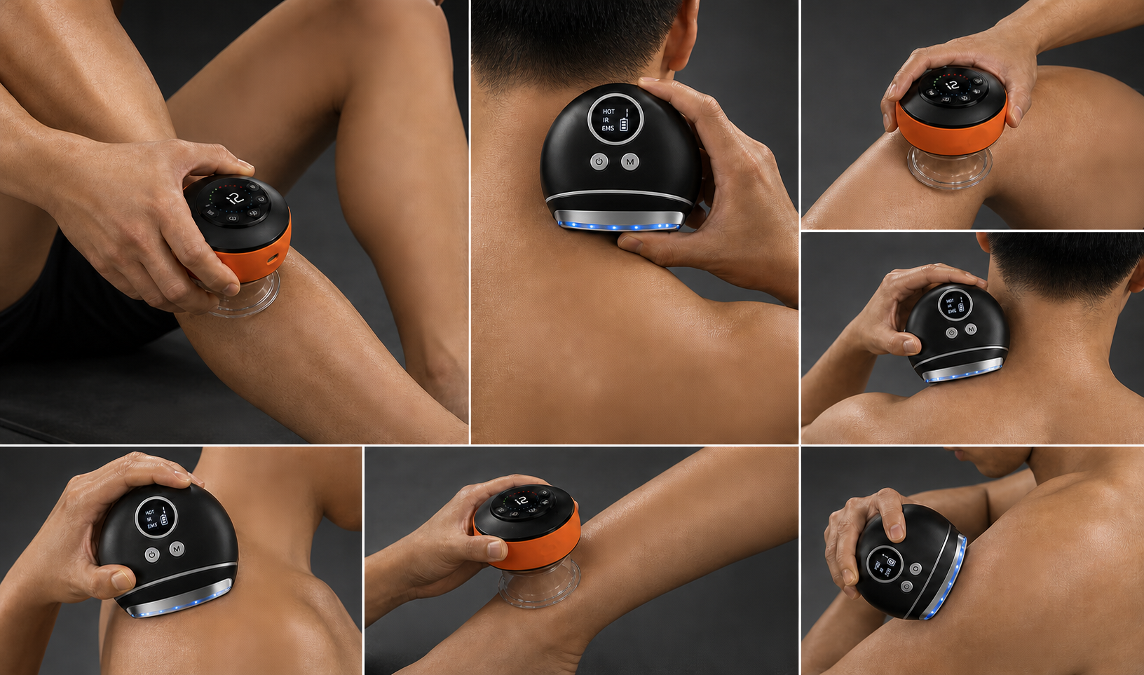 Active Reset Duo shown on suitable bare-skin areas including legs, shoulder, upper back and neck with accurate Smart Cup and heated vibration device details including the stainless-steel gliding edge