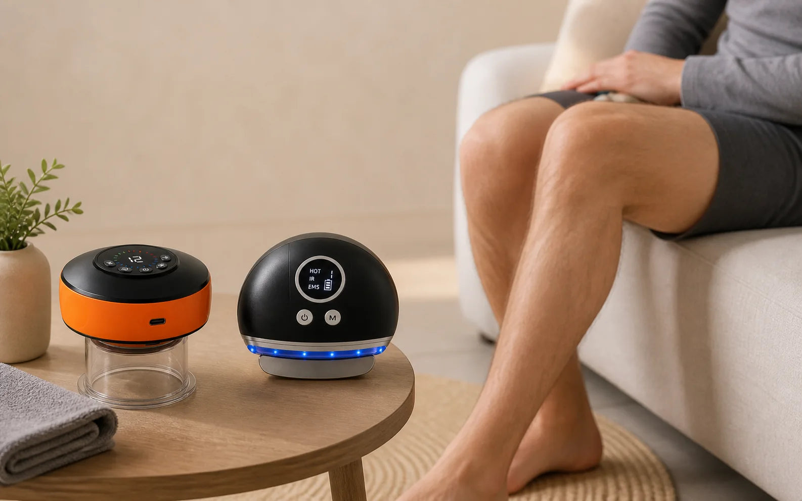 Active Reset Duo devices in a calm at-home recovery setting before the FAQ section