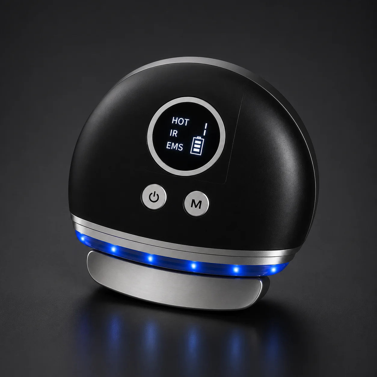 Technical product visual of the heated vibration device with HOT IR EMS display and blue LED band
