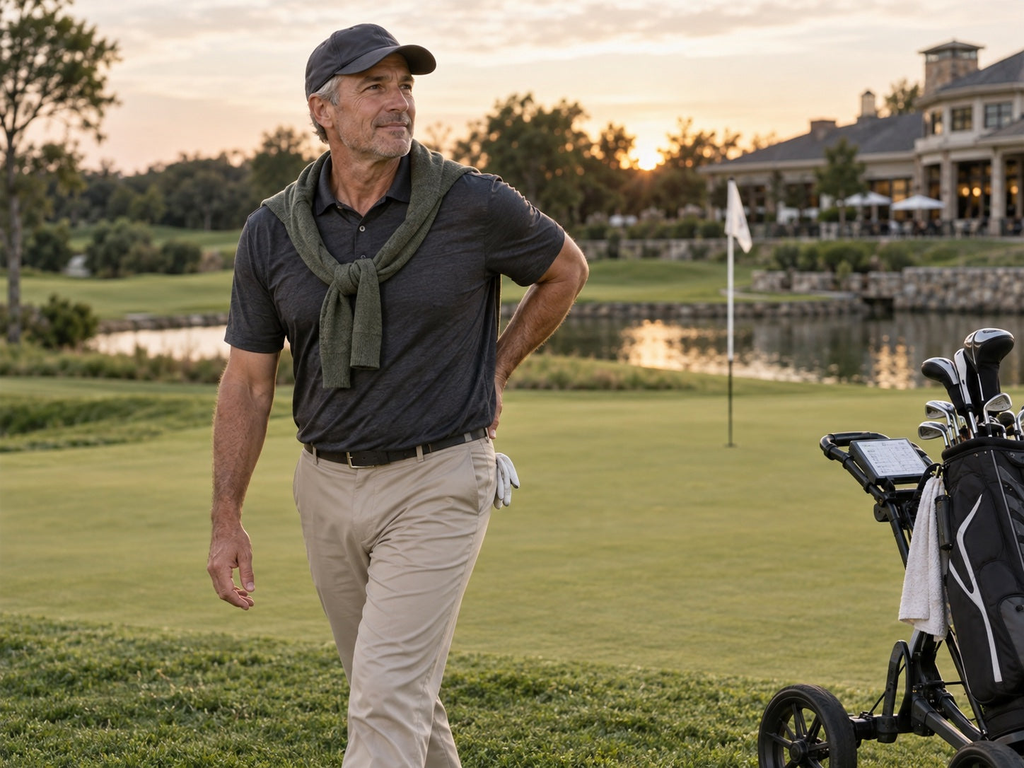 Mature golfer leaving the 18th green with a hand resting at his lower back