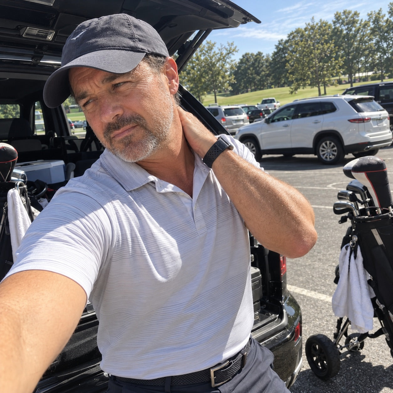 Recreational golfer beside his SUV after a round with one hand on his neck