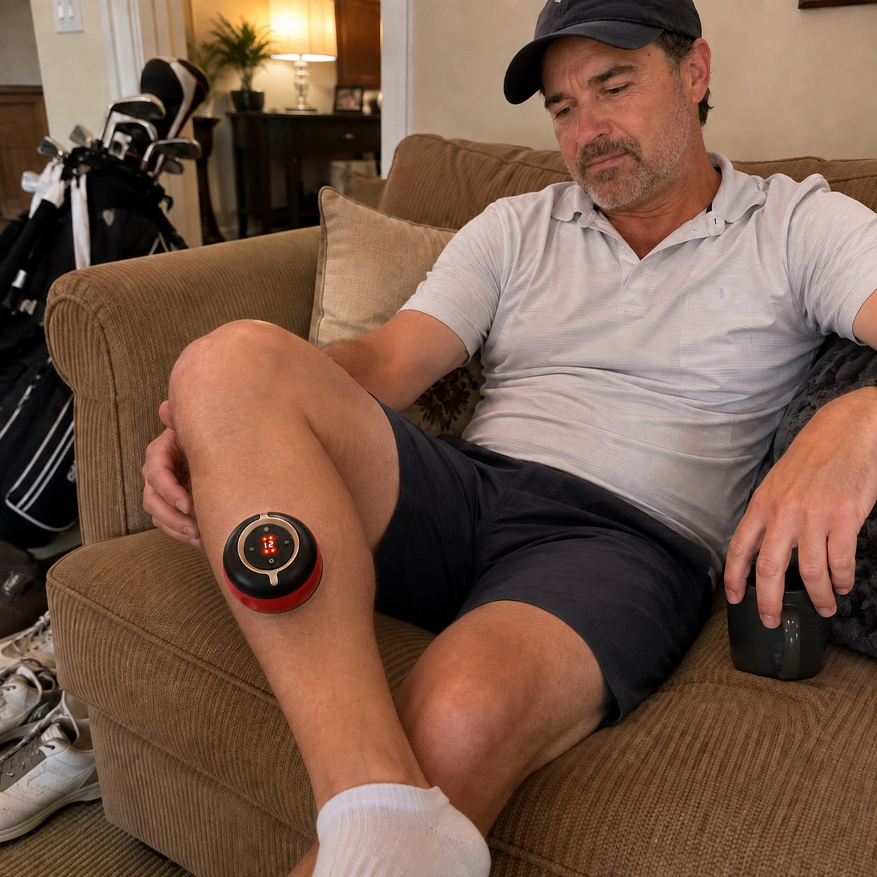 Golfer relaxing at home after a round with Active Reset SmartCup on his leg and golf bag nearby