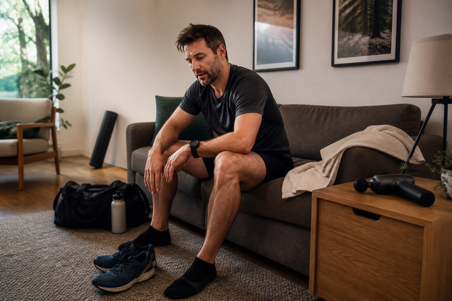 Recreational athlete resting at home after training while recovery tools sit unused nearby