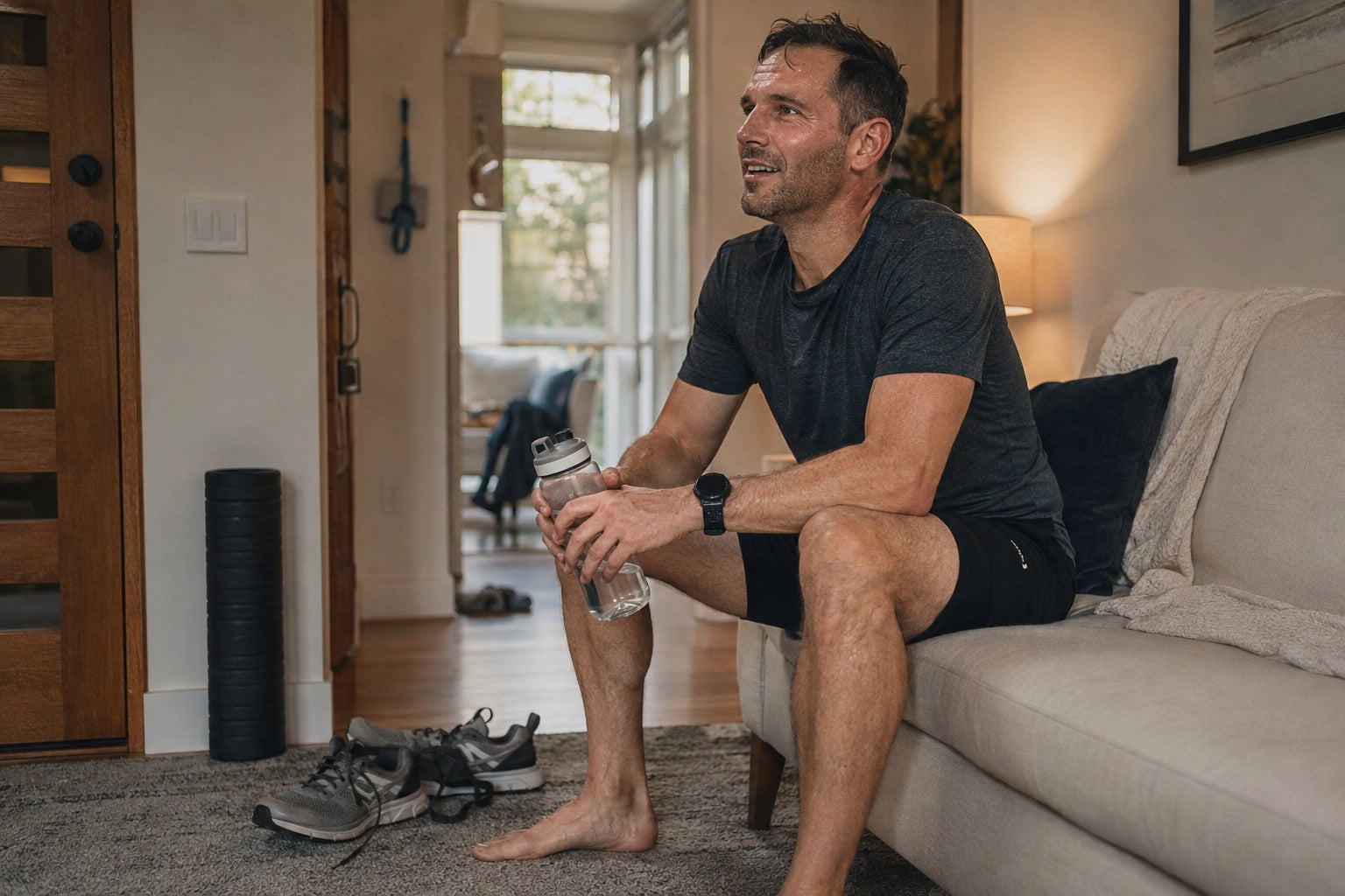 Recreational runner resting at home after a run with shoes off and a foam roller nearby