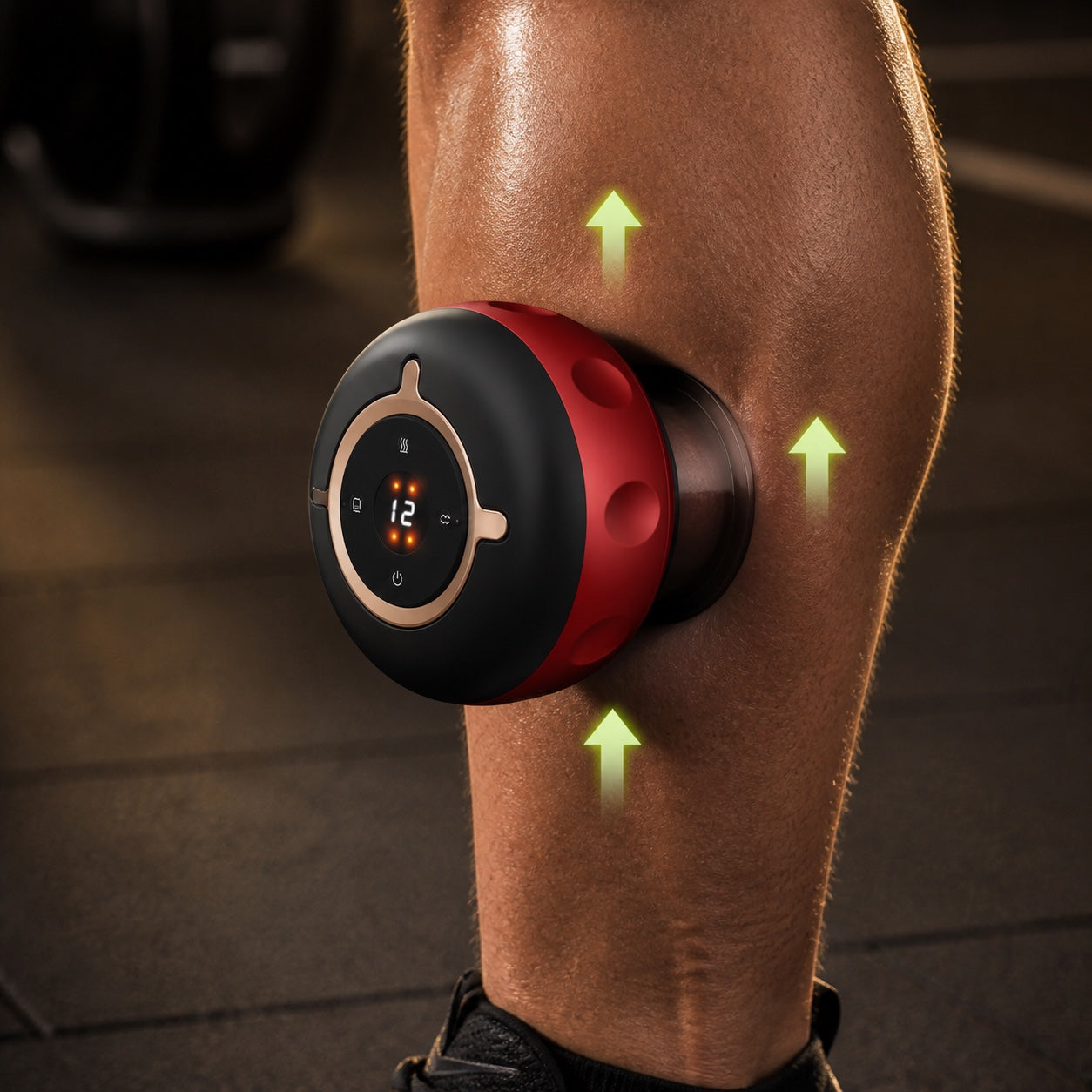 Active Reset SmartCup™ sealed to an athlete's calf with arrows showing upward lift