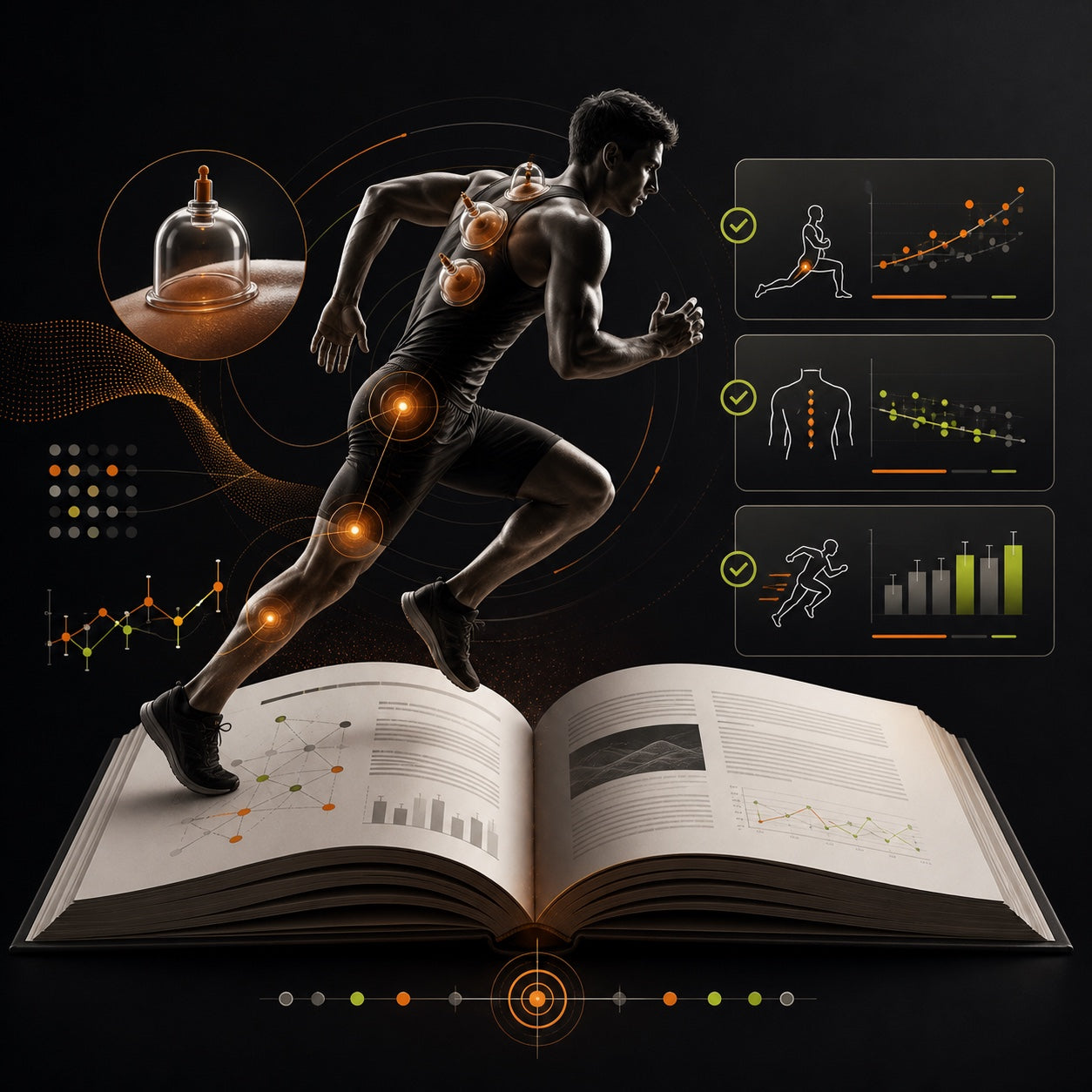 Athlete, research journal and data graphics representing published recovery research