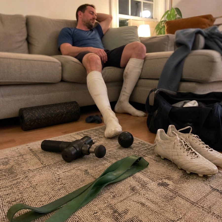 Recovery tools sitting unused while a recreational soccer player rests on the couch