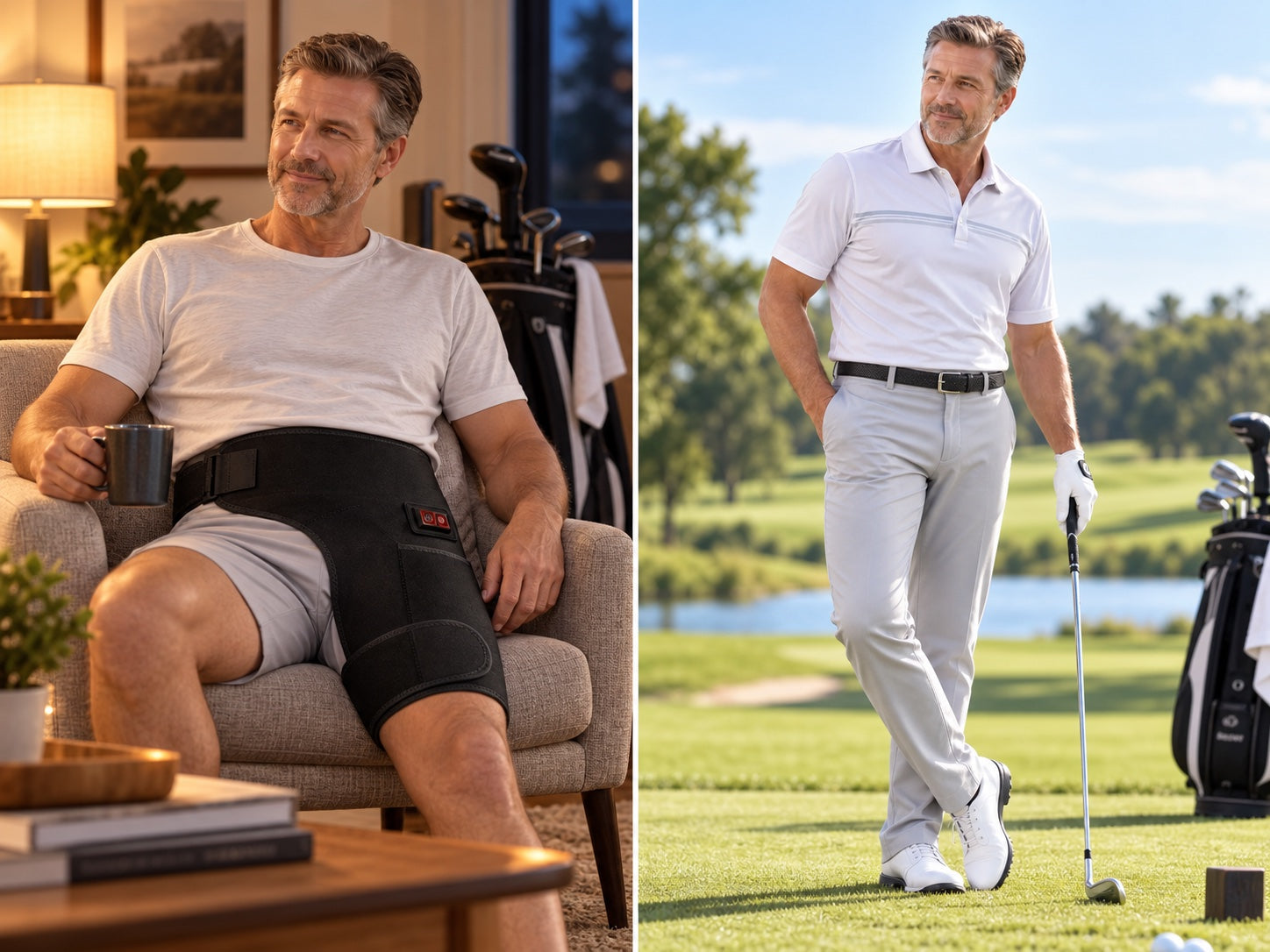 AI-generated staging image showing a golfer recovering tonight and returning to golf tomorrow