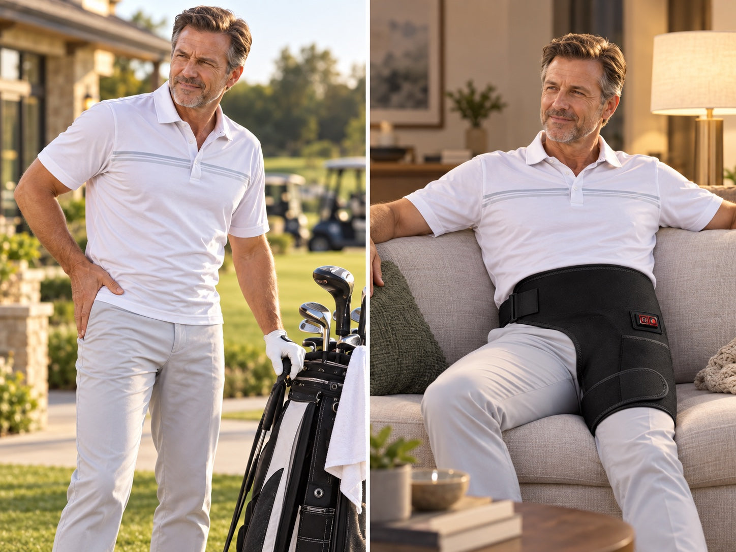 AI-generated staging image showing a golfer after 18 and resting hands-free with Fairway Hip Reset