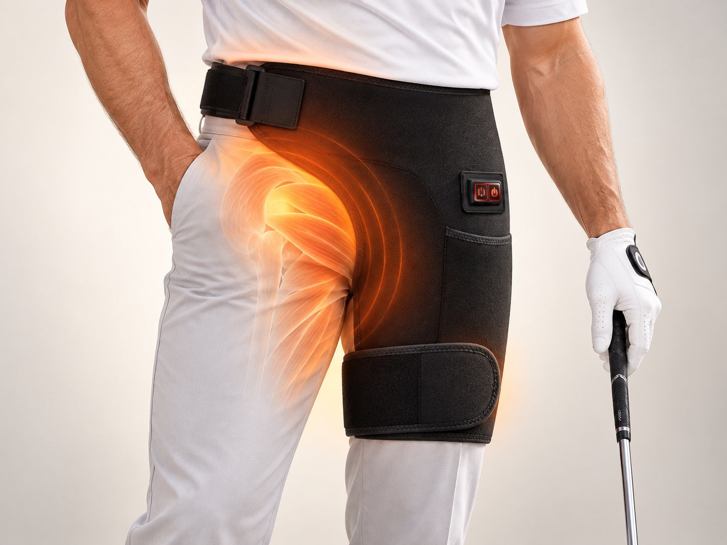 AI-generated staging illustration of warmth around a golfer wearing Fairway Hip Reset