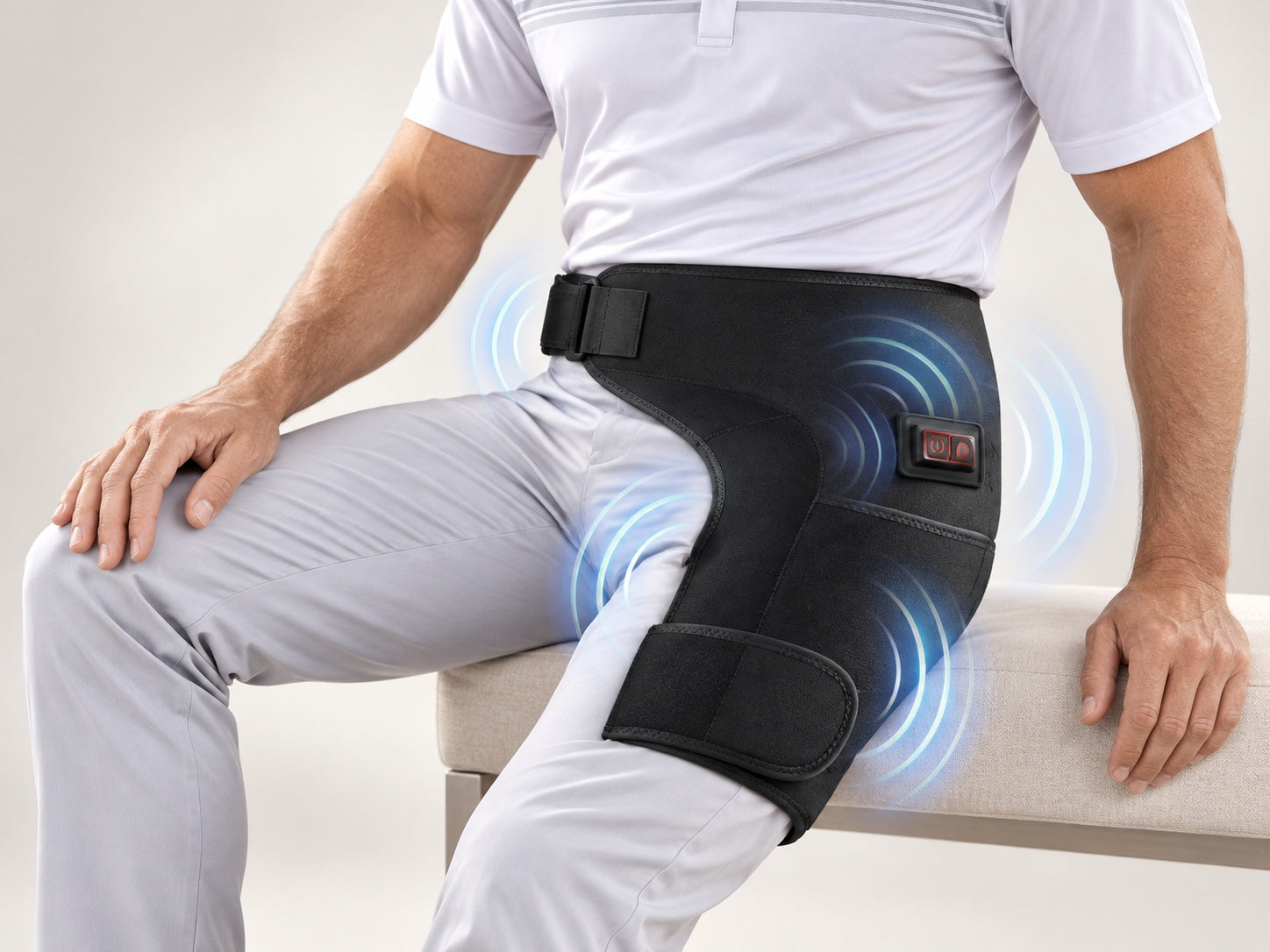 AI-generated staging illustration of hands-free vibration from Fairway Hip Reset